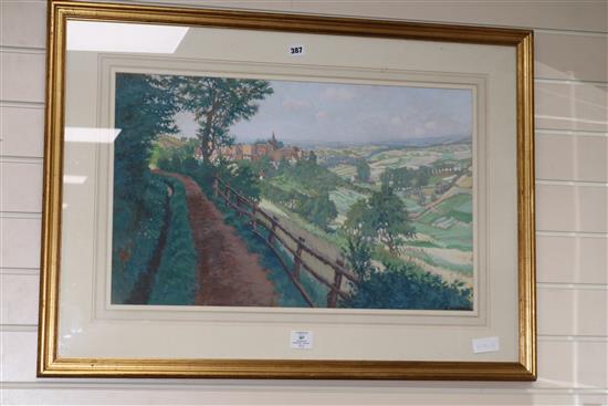 E W Bawle, gouache, Valley scene signed, 42 x 67cm.